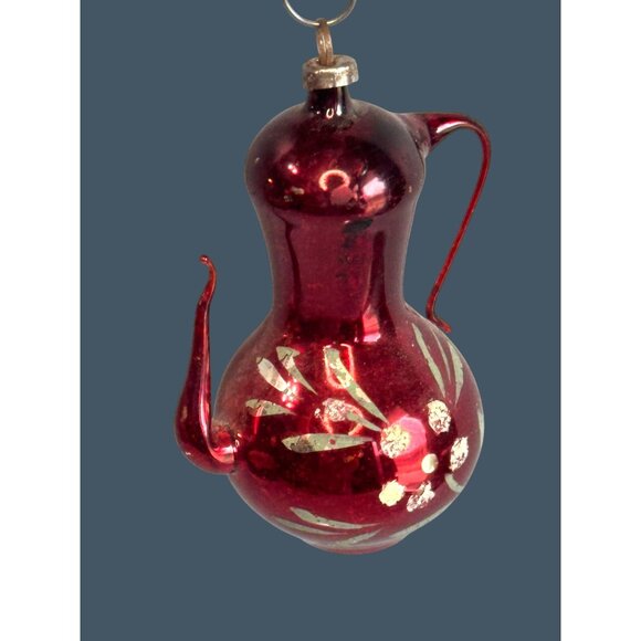Unknown Other - Antique Red Glass Pitcher Ornament Silver Mica Floral Applied Handle 3"